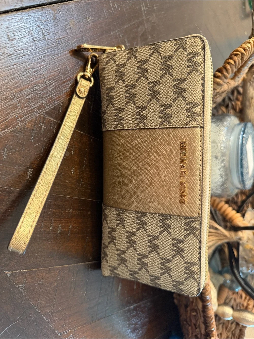 Michael Kors Beige and Brown Logo Zip Wristlet